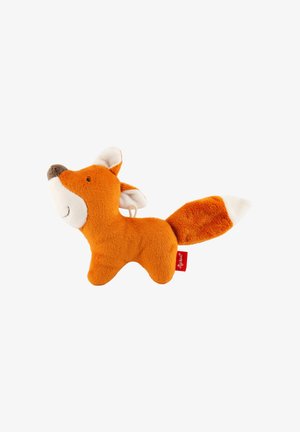 Orange plush fox toy with a soft texture, white accents on ears and tail, and a small brown nose. Includes a red tag with branding.