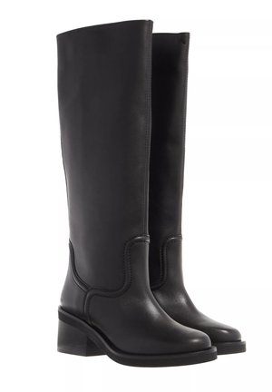 Black leather knee-high boots with a smooth texture, rounded toe, and a chunky heel. Features subtle stitching and a streamlined design.