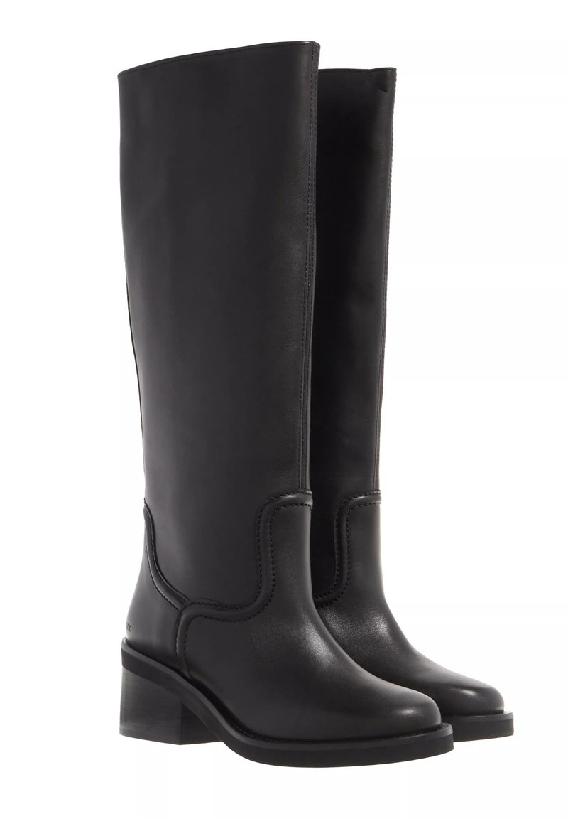 Black leather knee-high boots with a smooth texture, rounded toe, and a chunky heel. Features subtle stitching and a streamlined design.