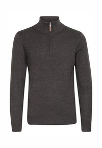 Tummanharmaa neulottu villapaita, jossa korkeakauluksinen, puolivetoketjullinen suljenta sekä resorit hihansuissa ja helmassa. Sileä pinta, yksinkertainen muotoilu.