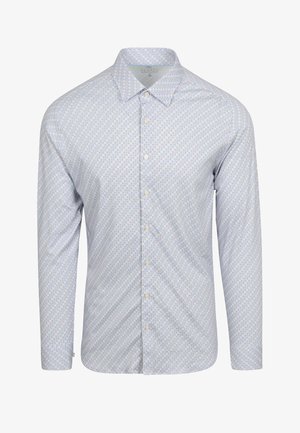 Lange mouwen overhemd met knopen in lichtblauwe stof met een geometrisch patroon van rode, gele en blauwe cirkels. Effen kraag en witte knopen.