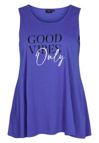 Top senza maniche viola realizzato in tessuto morbido, con la scritta "GOOD VIBES Only" in bianco e nero. Orlo svasato per maggiore volume.