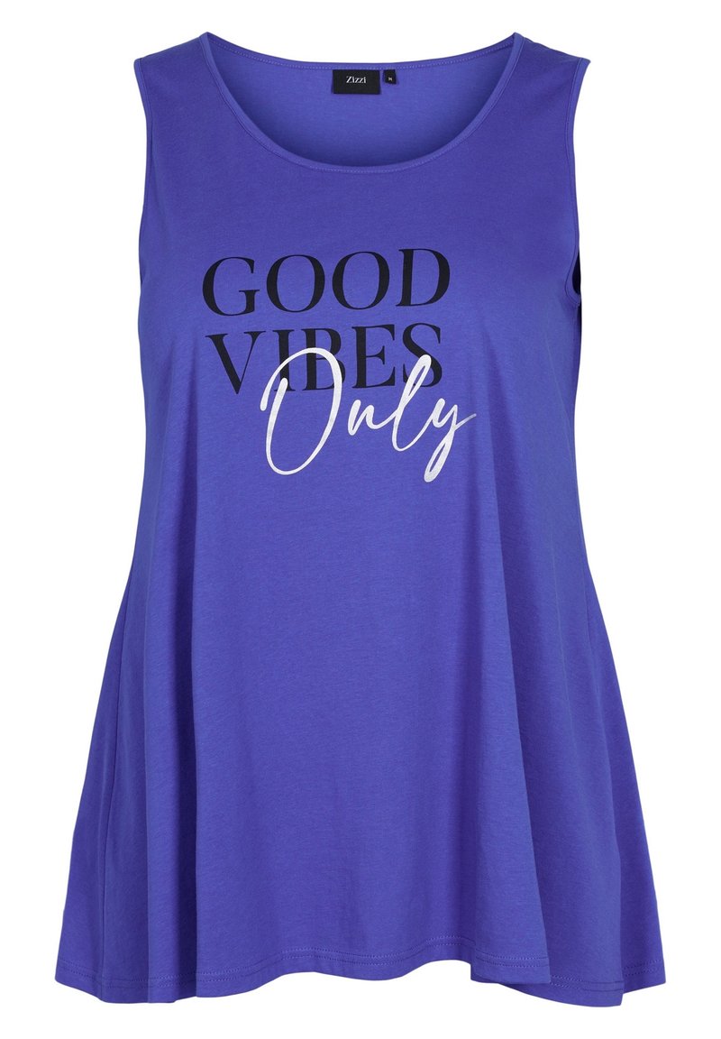 Top senza maniche viola realizzato in tessuto morbido, con la scritta "GOOD VIBES Only" in bianco e nero. Orlo svasato per maggiore volume.