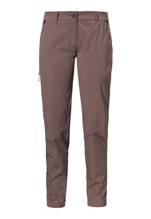 Brown hiking pants with a straight leg design, made of lightweight fabric. Features include side pockets and a button waist closure.