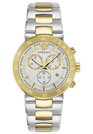 Versace watch with a silver and gold stainless steel band. White dial features gold accents, chronograph subdials, and a lion emblem.