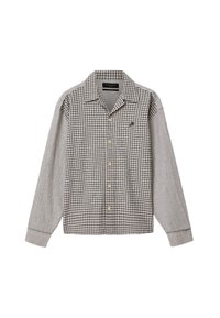 Chemise à manches longues avec boutonnières, devant à carreaux et manches rayées, tons beige et marron, col et petit logo brodé sur la poitrine.
