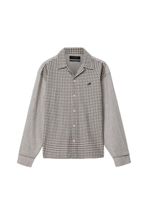 Langärmliges Hemd zum Knöpfen mit kariertem Vorderteil und gestreiften Ärmeln in Beige- und Brauntönen, mit Kragen und kleinem, auf der Brust gesticktem Logo.