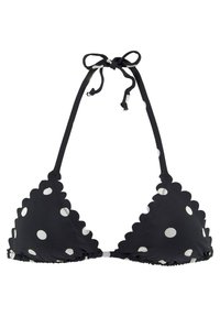 Črn bikini top s pikami, z valovitimi robovi, vezanjem na vratu in trokutasto obliko skodelice. Ima bele krožne vzorce.