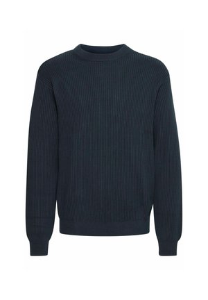 Pull en tricot bleu marine avec une texture côtelée, un col rond, des manches longues et un ourlet ajusté. Design simple sans motifs ni embellissements.