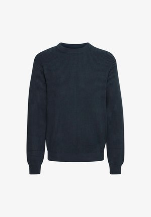 Sötét navy színű kötött pulóver, bordázott textúrával, kerek nyakkivágással, hosszú ujjakkal és testhez simuló hemével. Egyszerű dizájn, minták vagy díszítések nélkül.