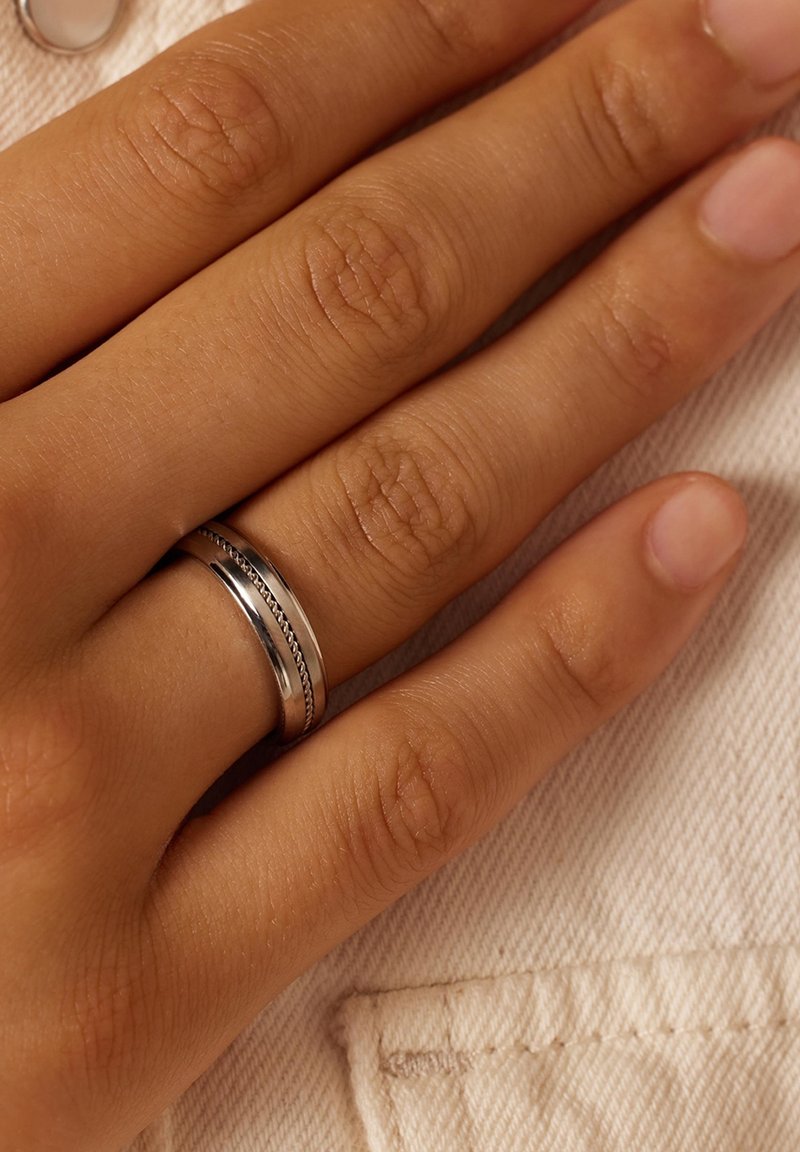 Zilveren bandring met een centrale getextureerde sectie en gladde buitenranden, gedragen op een hand met licht getextureerde huid tegen een neutrale achtergrond.