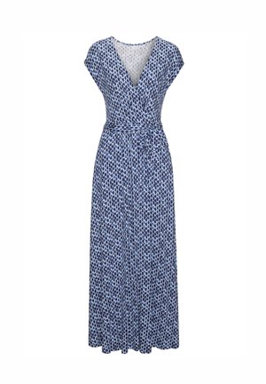 Robe portefeuille sans manches à motifs bleus et blancs, col en V et ceinture nouée à la taille, jupe longue fluide.