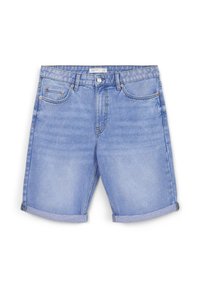 Light blue denim shorts with a rolled hem, five pockets, and metal button. Fabric has a smooth texture and slight fading.
