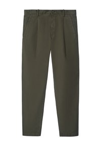 Olive green tapered trousers with belt loops, front button closure, side pockets, and pleats on the front.
