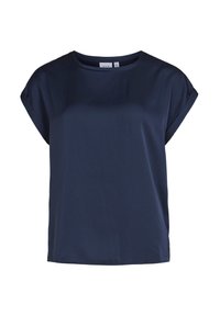 Námořnická modrá tričko s krátkým rukávem vyrobené z hladké tkaniny, s uvolněným střihem a kulatým výstřihem, se zahnuteými rukávy a bez viditelných vzorů.