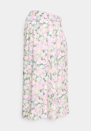 Gonna midi con motivo floreale che presenta una palette di colori pastello nei toni di rosa, giallo e verde, con una vita elastica arricciata e un tessuto leggero.