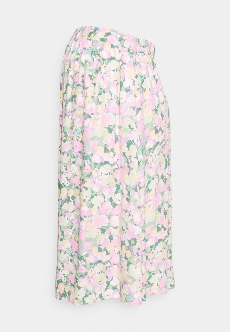Midi sukně s květinovým vzorem v pastelových barvách růžové, žluté a zelené, se staženým elastickým pasem a lehkým materiálem.