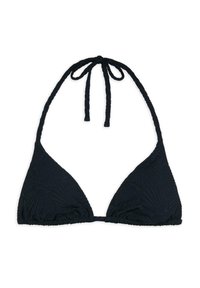 Schwarzer Triangel-Bikini-Oberteil mit strukturiertem Blattmuster, ausgestattet mit dünnen geflochtenen Bindebändern am Hals und im Rücken. Weicher, dehnbarer Stoff.
