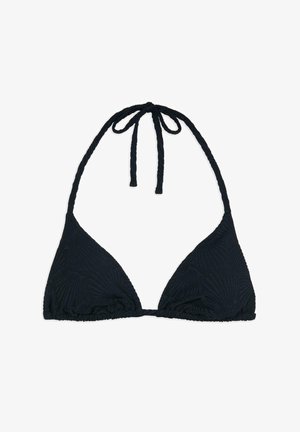 Black triangle bikini top with textured leaf pattern, featuring thin braided ties at the neck and back. Soft, stretchy fabric.