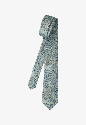 Hellblaues Halsband mit Paisleymuster in Blau- und Beigetönen, aufgerollt und ausgestreckt vor weißem Hintergrund gezeigt.