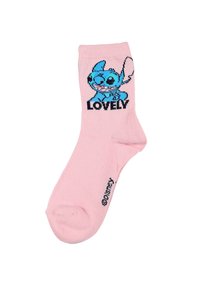 Calcetines rosas con un personaje de dibujos animados azul y los brazos extendidos, y la palabra "LOVELY" en texto negro. Material de algodón suave, longitud a medio gemelo.