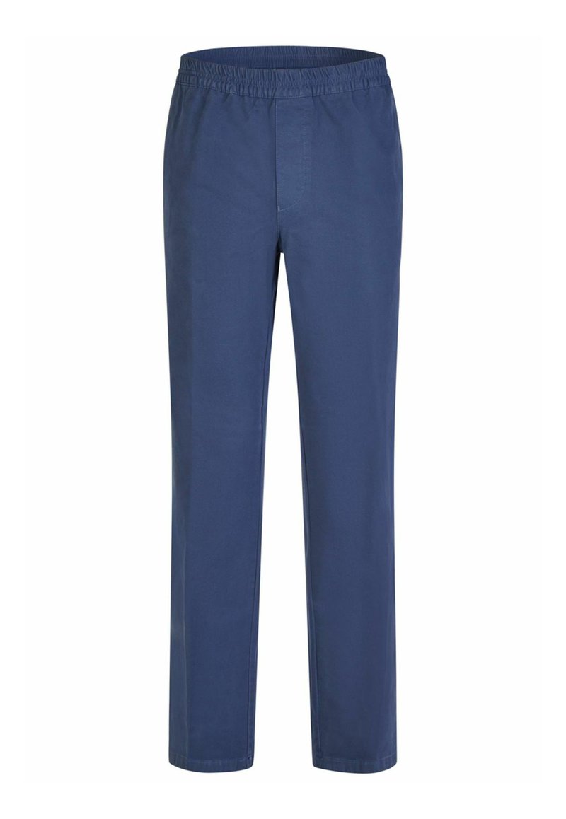 Navy blue trousers with an elastic waistband, straight leg design, and smooth fabric texture. Features a classic cut with no visible pockets.
