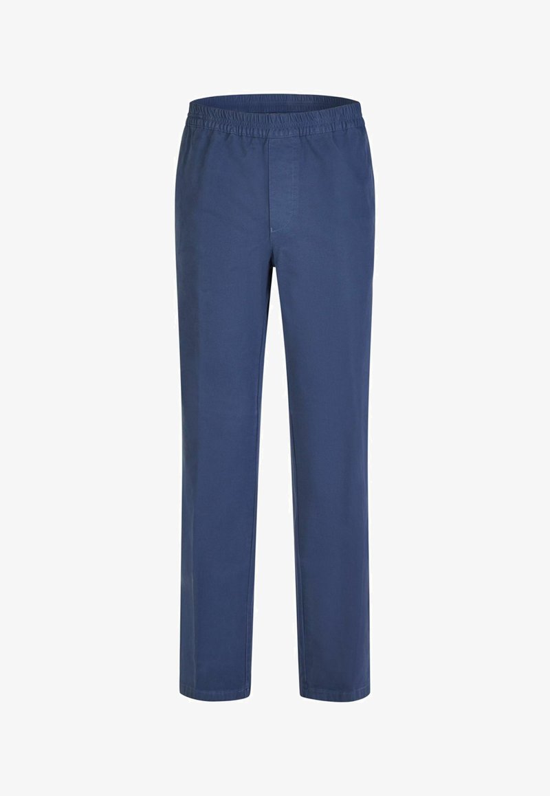 Navy blue trousers with an elastic waistband, straight leg design, and smooth fabric texture. Features a classic cut with no visible pockets.