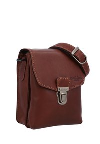 Brown leather crossbody bag with a flap closure, silver hardware, contrasting stitching, and a single adjustable strap. Rectangular shape.