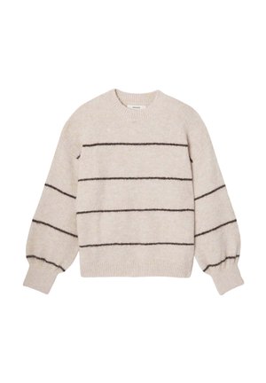 Pull en maille beige avec des manches longues légèrement bouffantes et des rayures horizontales marron foncé. Encolure ronde et détail ourlet côtelé.