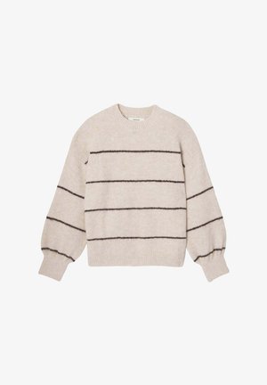 Pull en maille beige avec des manches longues légèrement bouffantes et des rayures horizontales marron foncé. Encolure ronde et détail ourlet côtelé.