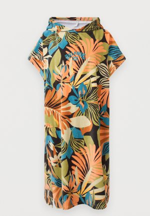 Korte mouw hooded handdoek met een levendig patroon van oranje, groene, blauwe en zwarte tropische bladeren en het Billabong-logo op de borst.