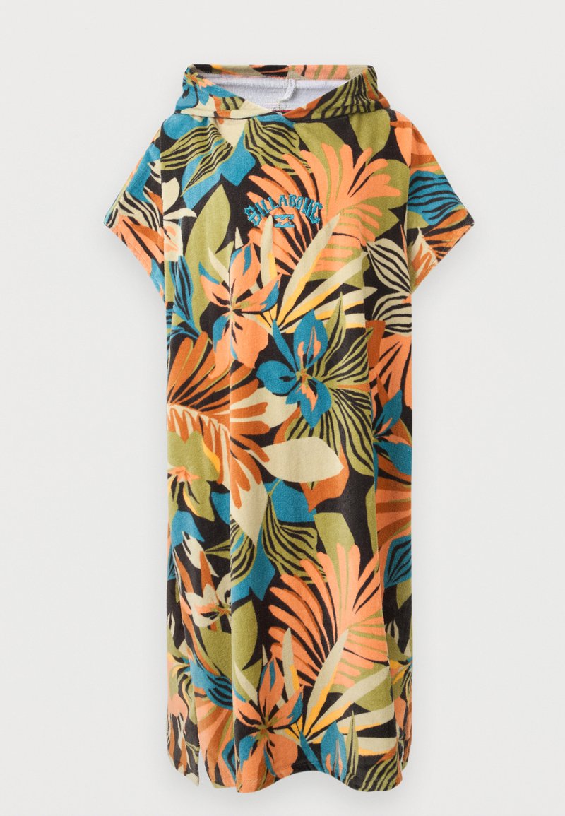 Πετσέτα με κουκούλα και κοντά μανίκια, με ζωντανό μοτίβο τροπικών φύλλων σε πορτοκαλί, πράσινο, μπλε και μαύρο και το λογότυπο Billabong στο στήθος.