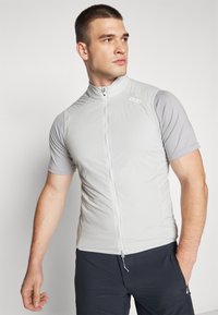 Gilet de cyclisme zippé gris avec manches courtes. Design léger et élégant, présentant un logo à l'avant, une texture lisse et une silhouette ajustée.