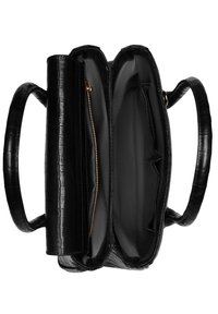 Bolso de mano de piel negra con relieve de cocodrilo que cuenta con dos asas resistentes, un interior amplio con un bolsillo con cremallera y múltiples compartimentos.