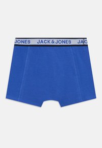 Blauwe katoenen boxershorts met een logo-elastische tailleband met zwarte en witte accenten. Glad oppervlak, middelhoge pasvorm met een rechte snit.