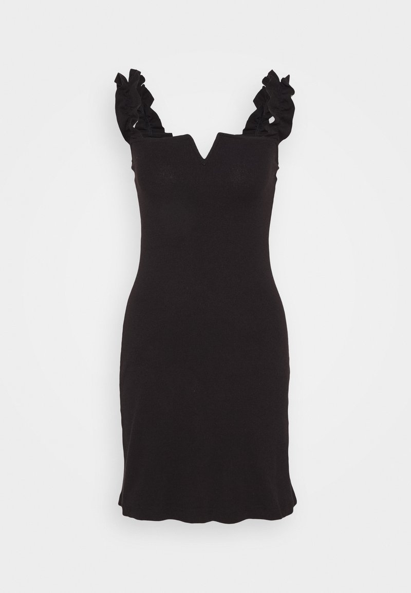 Robe noire ajustée mettant en avant un décolleté en V, des bretelles froncées et une silhouette cintrée. Texture lisse avec un ourlet légèrement incurvé en bas.