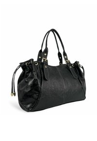 Sac à main en cuir noir avec deux anses, texture froncée, accents métalliques dorés et coutures contrastées. Forme arrondie avec un intérieur spacieux.