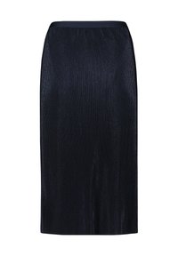 Ein knielanger, dunkelblauer Rock mit strukturiertem, geripptem Design und glattem Taillenbund, der eine figurbetonte Silhouette besitzt und keine zusätzlichen Verzierungen aufweist.