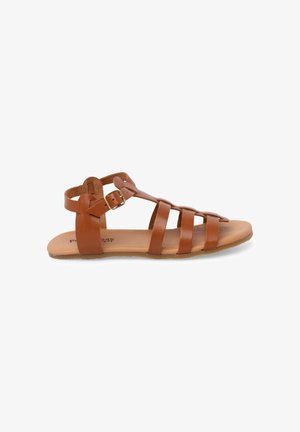 Brown leather flat sandal with buckle strap and multiple horizontal straps over the foot, open-toe design, and tan sole.