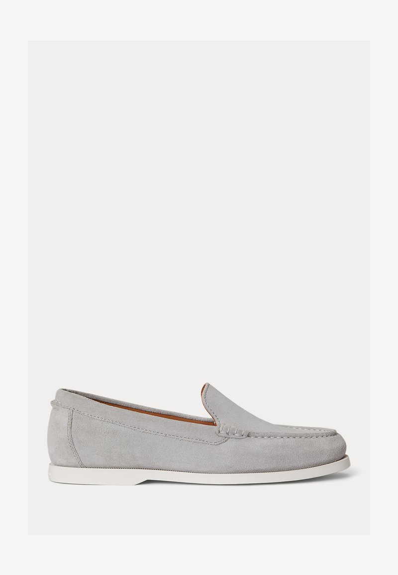Light gray suede slip-on loafer with white sole, rounded toe, and subtle stitching details along the upper edge.