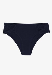 Donkerblauwe slipjes van een zachte stof met kanten accenten aan de zijkanten. Inclusief een gladde tailleband en afgeronde randen.