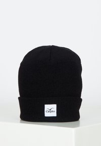 Schwarze Strickmütze mit umgeschlagenem Bündchen. Verfügt über ein weißes Etikett mit "Clepto" und einem Vogel-Logo. Glatte Textur mit klassischer zylindrischer Form.