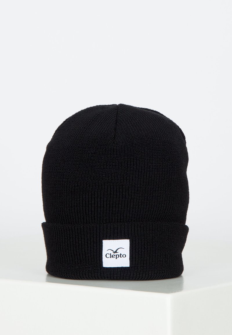 Black knit beanie with a folded cuff. Features a white label with "Clepto" and a bird logo. Smooth texture with a classic cylindrical shape.