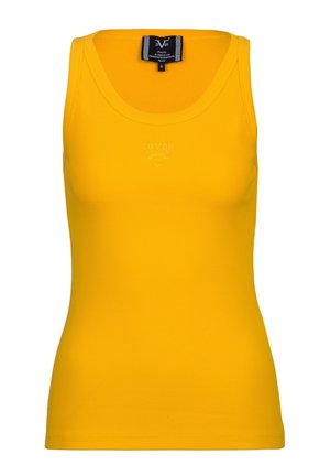 Gelbes, geripptes ärmelloses Tanktop mit rundem Ausschnitt und kleinem schwarzem Markenetikett am hinteren Kragen.