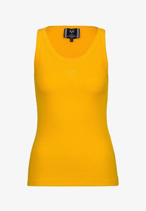 Yellow ribbed sleeveless tank top with round neckline and small black brand label at the back collar.