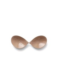 Coppe adesive di colore marrone chiaro con finitura lucida, a forma di otto, dotate di piccole perforazioni per la traspirabilità e di una chiusura centrale.