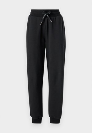 Pantaloni de trening negri dintr-un material moale, cu o talie elastică cu șnur, buzunare laterale și mansete înguste la glezne.