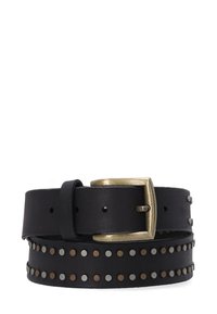 Sort læderbælte med to rækker af skiftevis bronze- og sølvnagle og en rektangulær messing spænde.