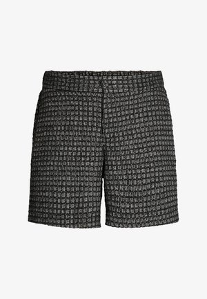 Tweedshorts in een zwart-wit ruitpatroon, met een knoopsluiting, een elastische tailleband en een gestructureerd, geweven ontwerp.