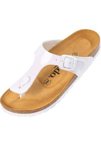 Hvide gummiflip-flops med en brun korksål. Har en tåpost, justerbar spænde og struktureret indersåle for bedre greb.